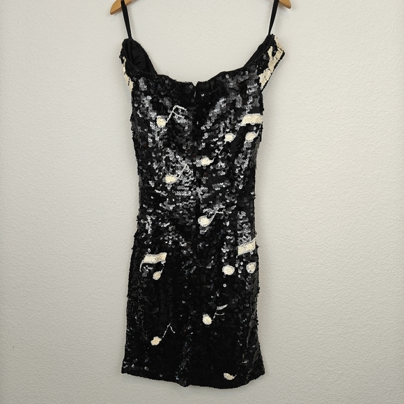 Vintage 1980s Black White Piano Keys Off Shoulder Sequin Beaded Mini Dress SM - Picture 14 of 16
